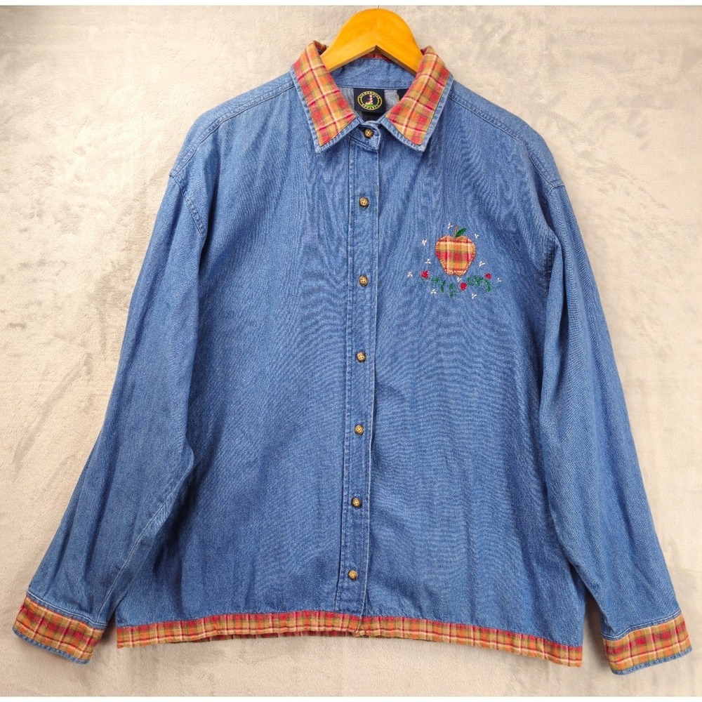 Vintage Lighthouse Apparel Denim Chambray Shirt XL Apple Patches Plaid Trim